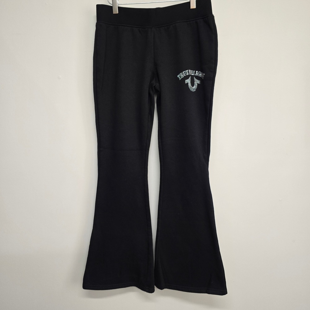 True Religion Crystal Logo Bootcut Pants Women‎ Small Black Rhinestone Y2K Flare